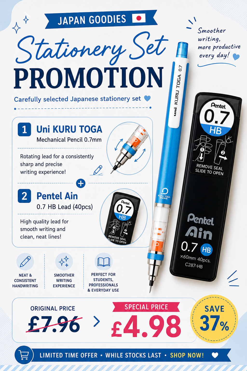 Self Sharpening UNI Kuru Toga Mechanical Pencil Set